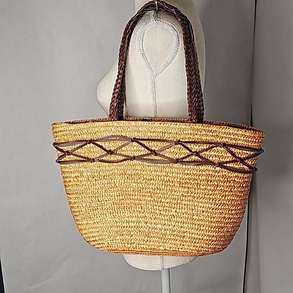 Shoulder Bag 100 Percent Wheat Straw Braided Handles Tan Brown NWT - Picture 2 of 7